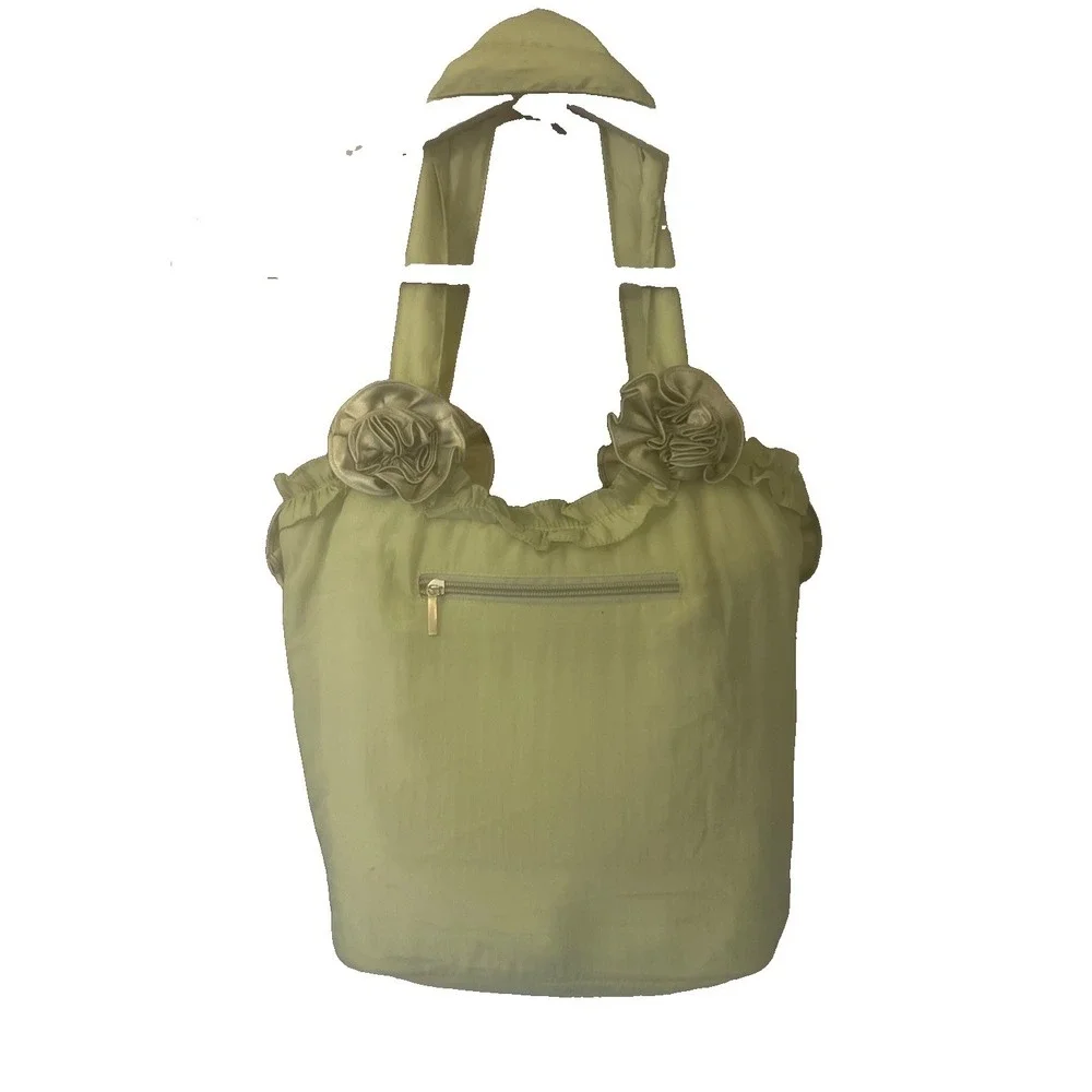 Women's Shoulder Bags Green Shiny Textile Floral Embellishment Ruffles New